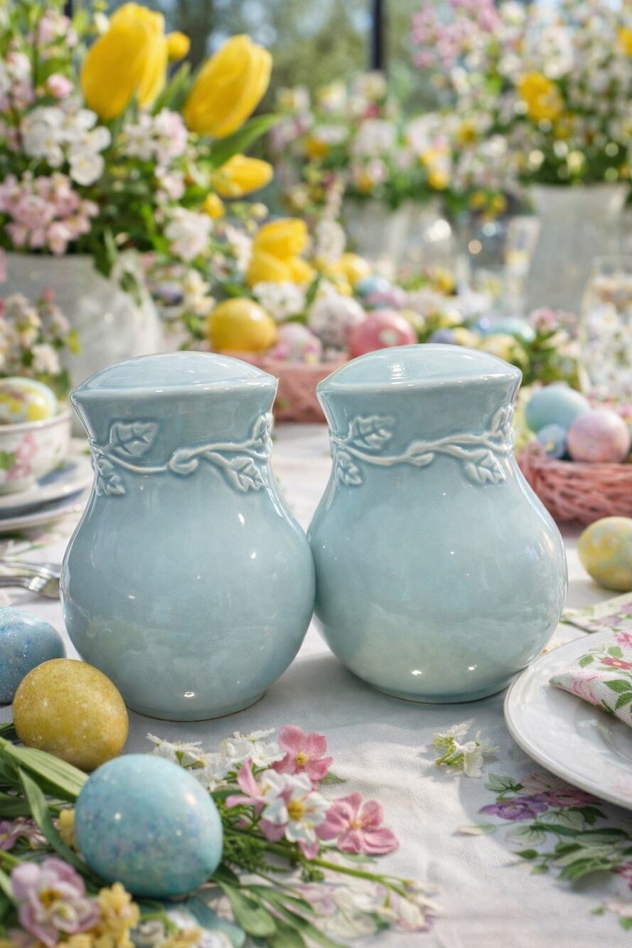 Vintage Enesco CountryGate Salt Pepper Shakers Blue Ceramic Ivy Pair